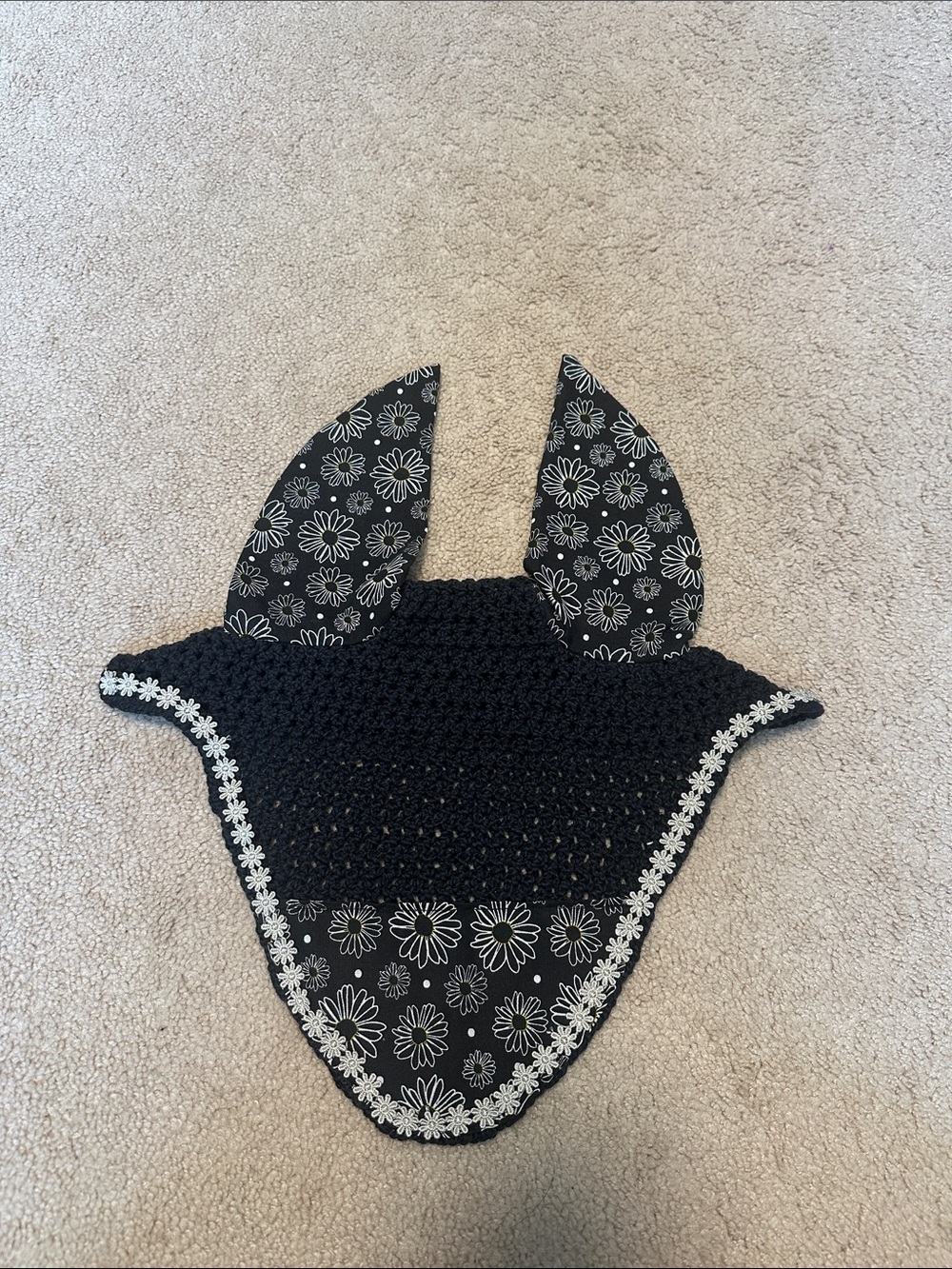 Black Floral Crochet Horse Fly/Ear Bonnet with Daisy Trim
